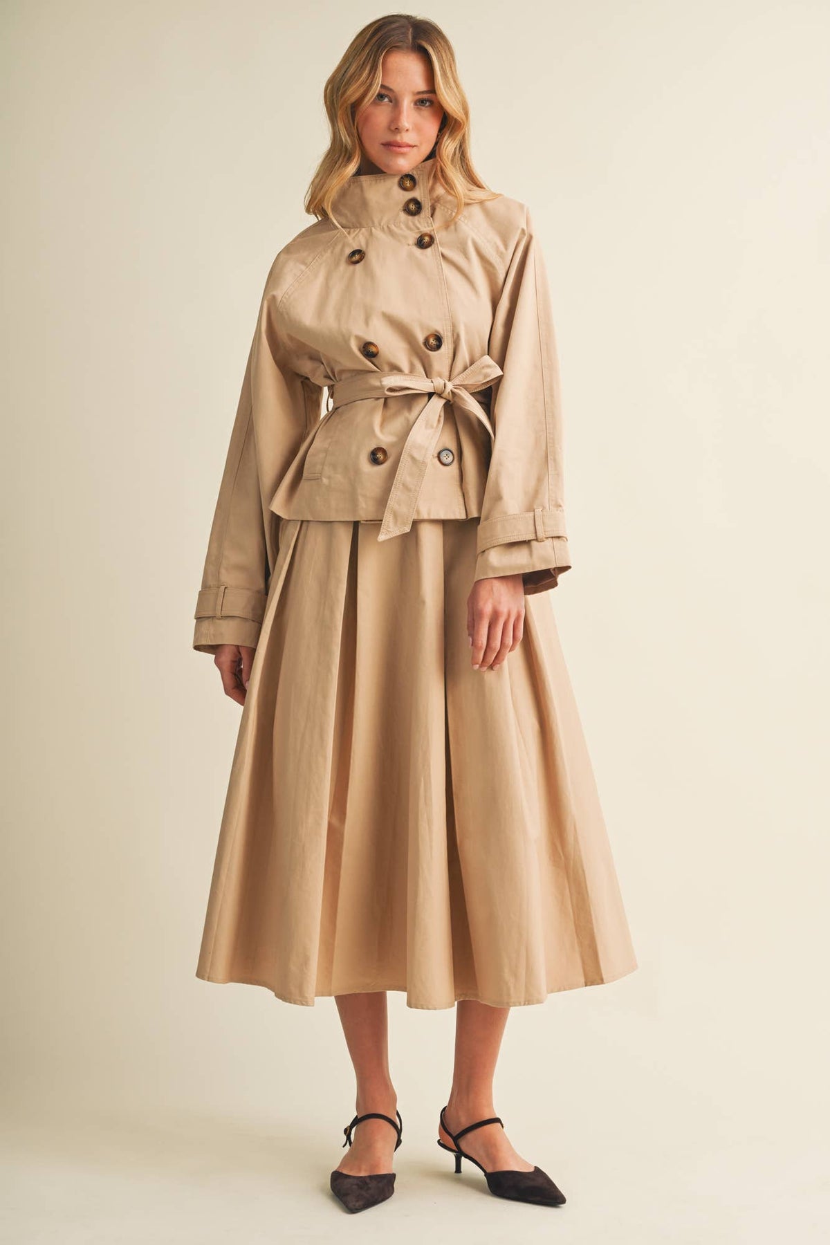 High-Collar Cropped Belted Trench Jacket (PREORDER 10.8.26)