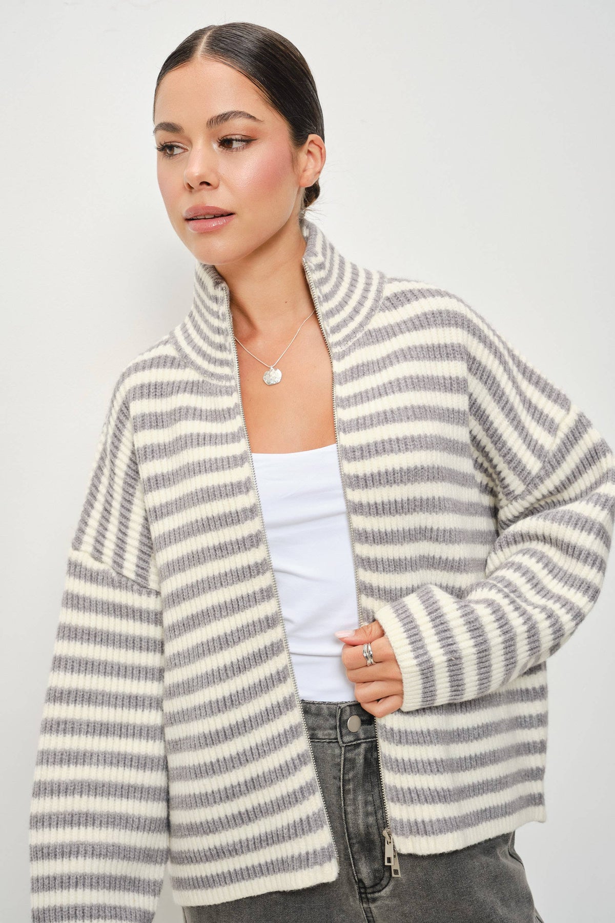 ZANE STRIPED MOCKED NECK ZIP UP JACKET