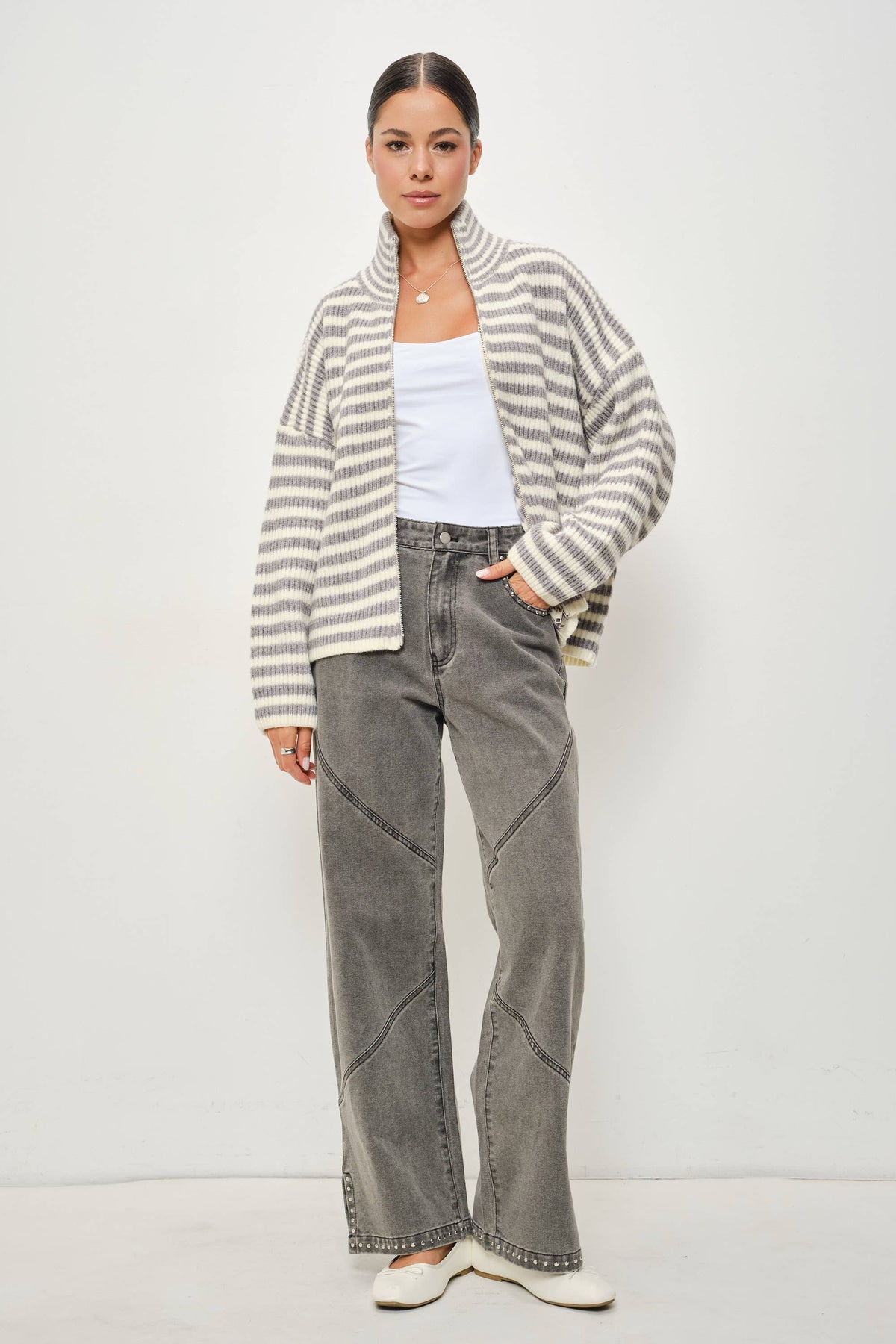 ZANE STRIPED MOCKED NECK ZIP UP JACKET