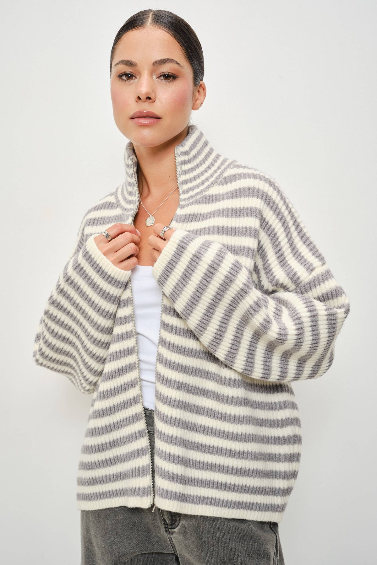 ZANE STRIPED MOCKED NECK ZIP UP JACKET