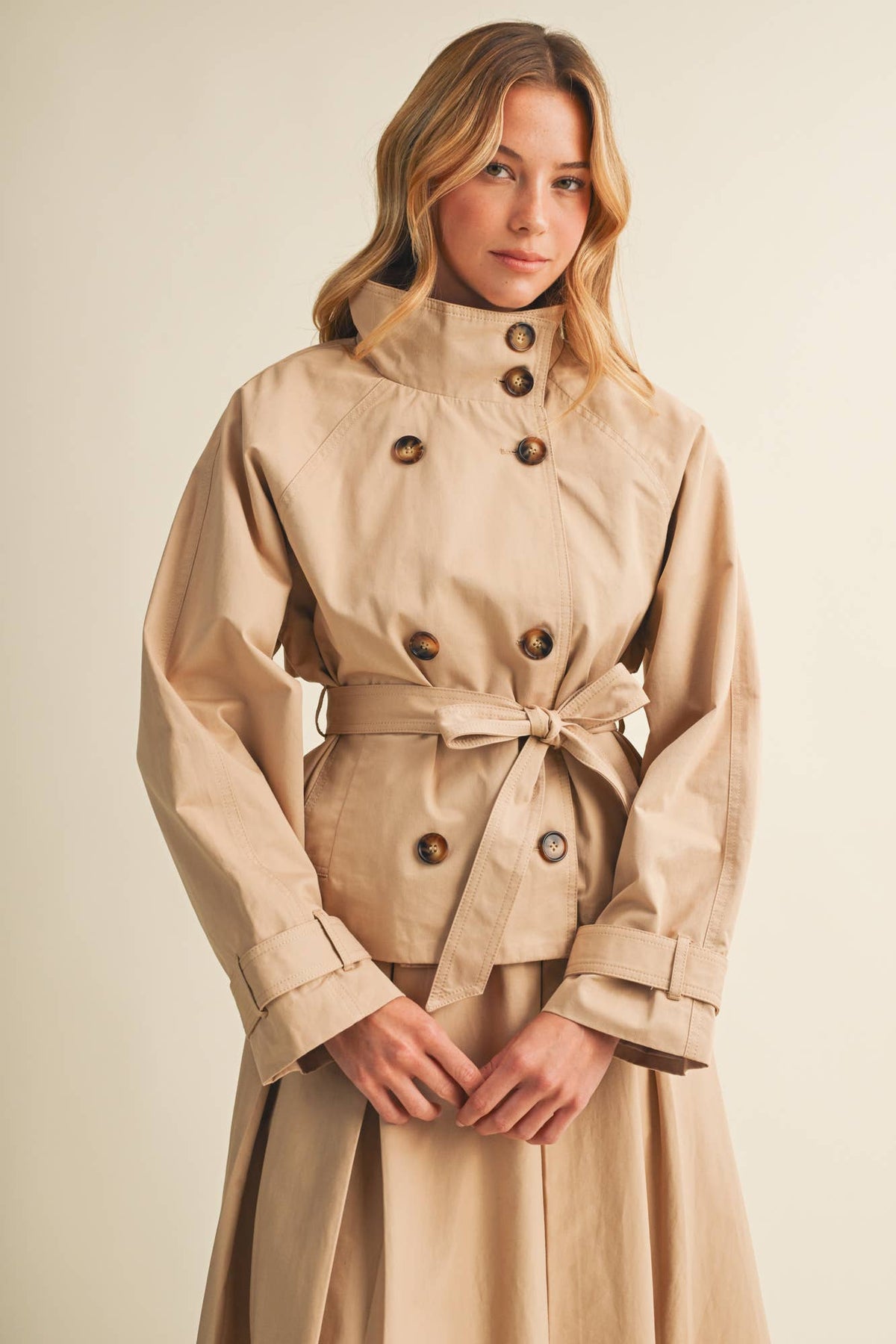 High-Collar Cropped Belted Trench Jacket (PREORDER 10.8.26)