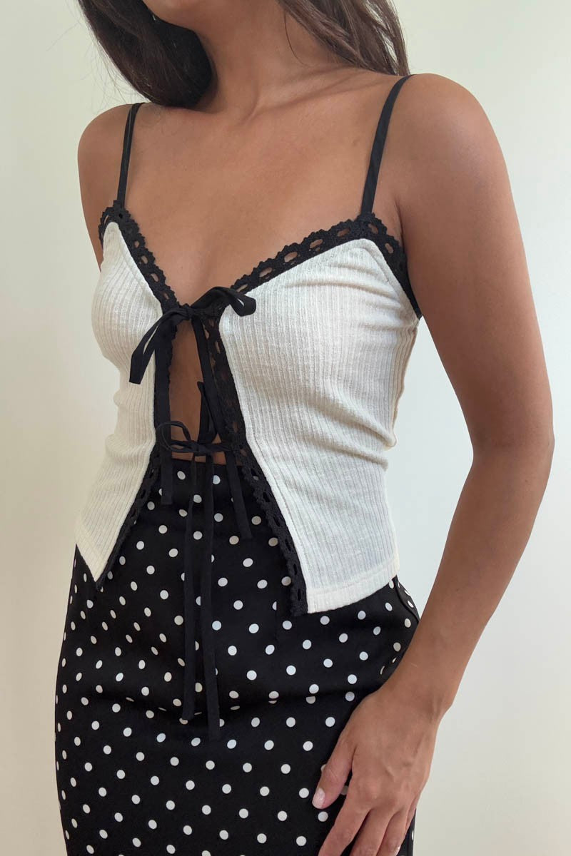 Sophia Lace Trim Front Tie Top