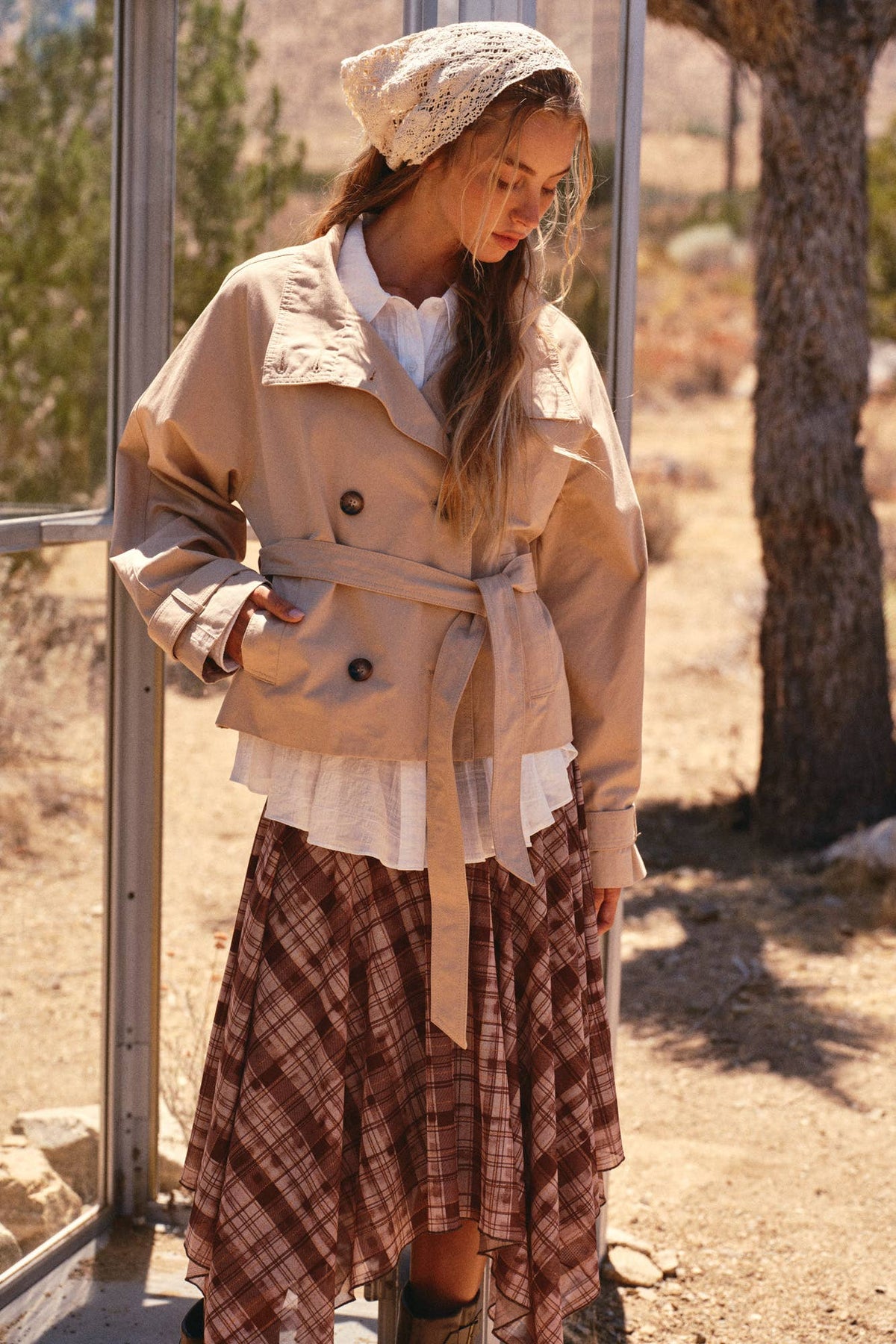 High-Collar Cropped Belted Trench Jacket (PREORDER 10.8.26)