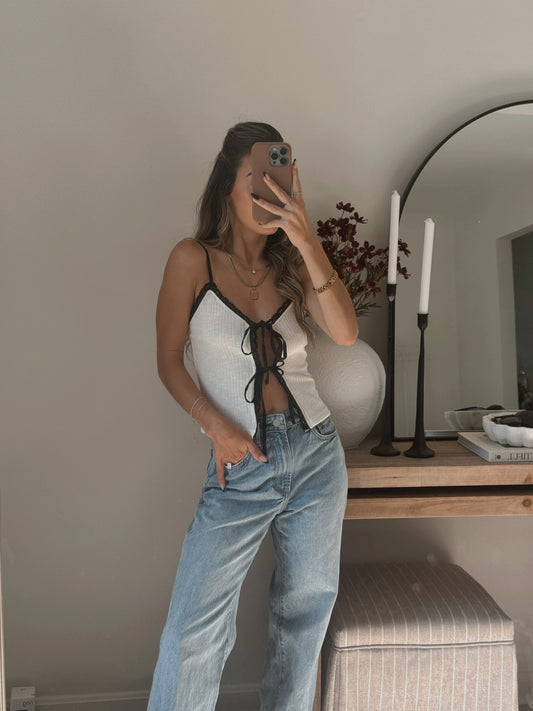 Sophia Lace Trim Front Tie Top